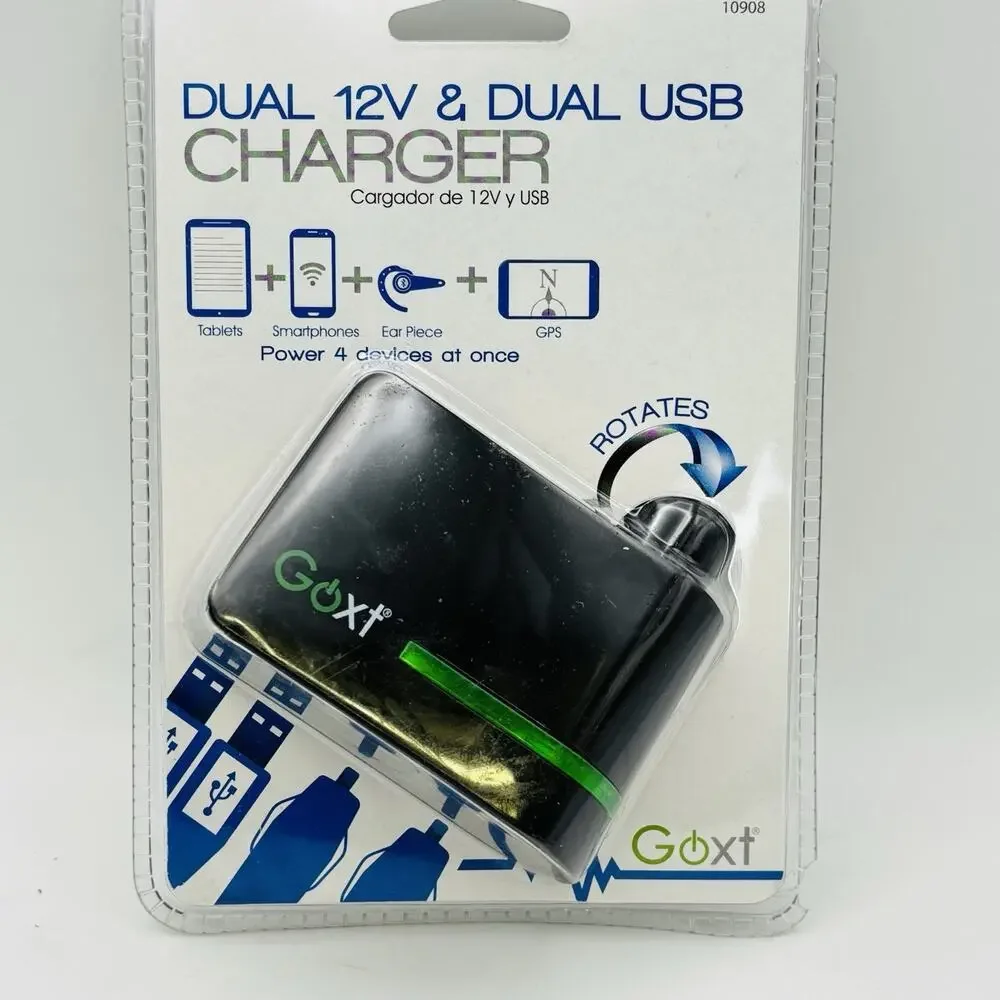 Goxt Dual 12V & Dual USB Charger for Cigarette Lighter 4 devices at once Sealed